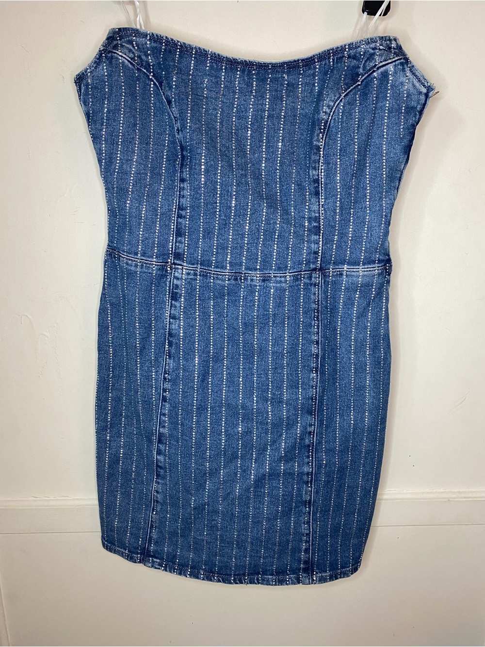 Guess Blue and Gem studded Striped Denim Dress “Haylie Denim Dress” y2k